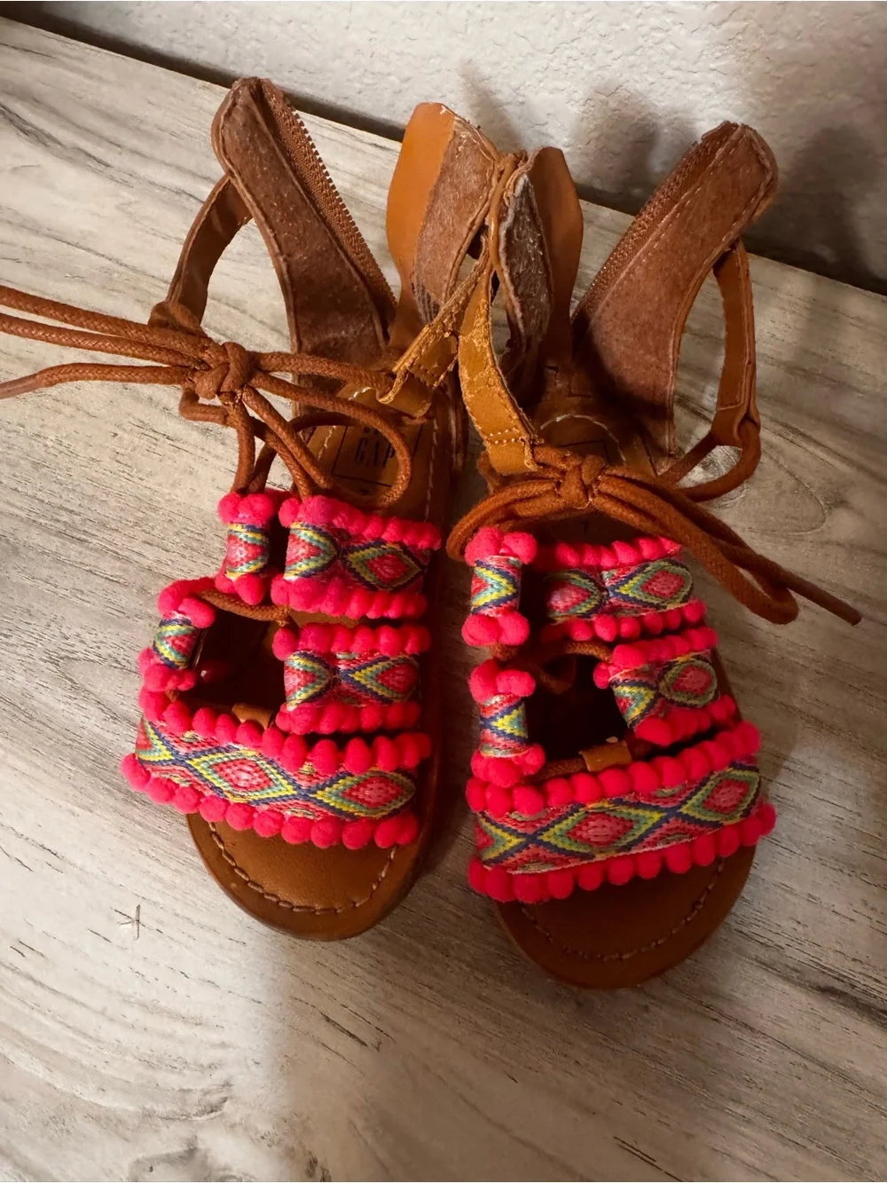 GAP Brown Sandals with Bright Pink Pom-Pom & Multicolor Woven Straps